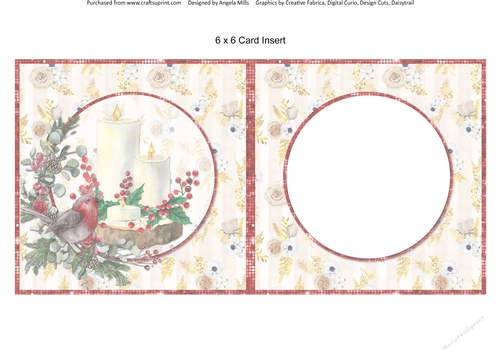 Winter Glam 5: Candles/Robin 6 x 6 Card Insert with Ivory Floral Background, Blank
