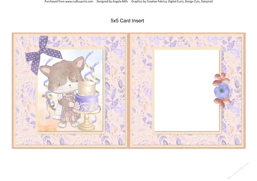 Cute Kittens 15: Celebration Cake 5 x 5 Card Insert with Peach & Lilac Floral Background, Blank