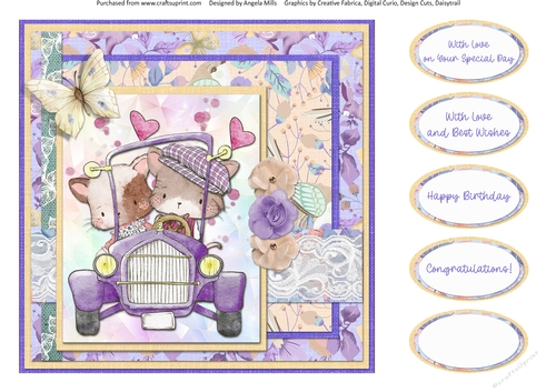 Cute Kittens 7: Couple in Car 8 x 8 Quick Card Front with Sentiments