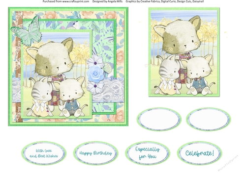Cute Kittens 8: Mum & Kittens 6 x 6 Card Front with Topper & Sentiments, Mint Green/Blue/Yellow