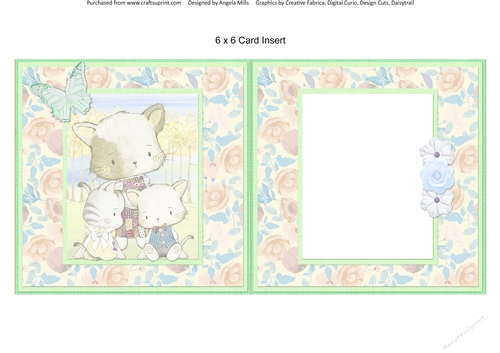 Cute Kittens 8: Mum & Kittens 6 x 6 Card Insert with Yellow/Blue Floral Background, Blank