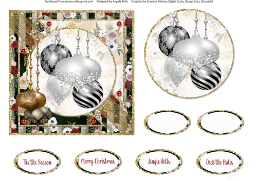 Winter Glam 14: Black & Silver Baubles 6 x 6 Card Front with Topper and Sentiments