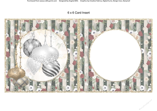 Winter Glam 14: Black & Silver Baubles 6 x 6 Card Insert with Black/Ivory Floral Stripes Background, Blank