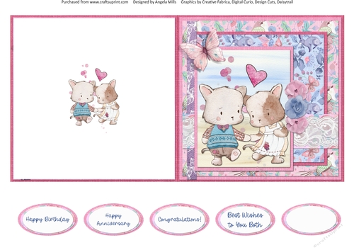 Cute Kittens 12: Cute Couple 5 x 5 Quick Cut & Fold Card with Sentiments