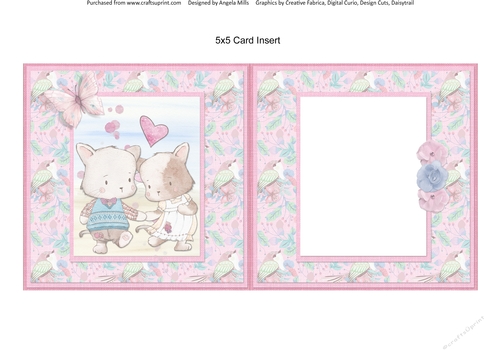 Cute Kittens 12: Cute Couple 5 x 5 Card Insert with Pastel Pink/Green Floral Birds Background