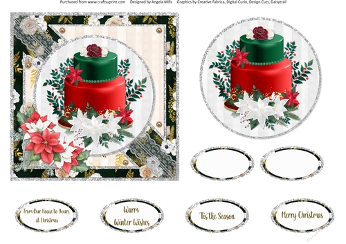 Winter Glam 11 Christmas Cake/Poinsettias 6 x 6 Card Front with Topper and Sentiments