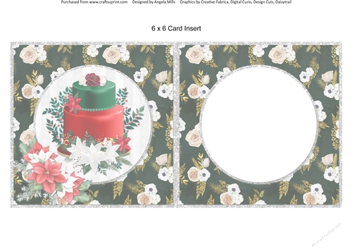 Winter Glam 11 Christmas Cake/Poinsettias 6 x 6 Card Insert with Black/Ivory/Gold Floral Background, Blank