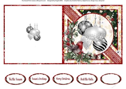 Winter Glam 15: Christmas Baubles/Robin 5 x 5 Quick Cut & Fold Card with Sentiments