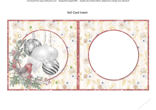 Winter Glam 15: Christmas Baubles/Robin 5 x 5 Card Insert with Ivory Floral Background, Blank