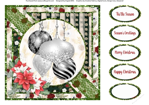 Winter Glam 16: Black & Silver Christmas Baubles 8 x 8 Card Front with Sentiments