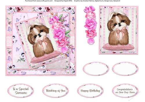 Cats and Dogs 14: Shih Tzu 6 x 6 Card Front with Topper and Sentiments, Pink Floral