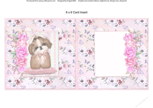 Cats and Dogs 14: Shih Tzu 6 x 6 Card Insert with Pink Poppies & Butterflies Background, Blank