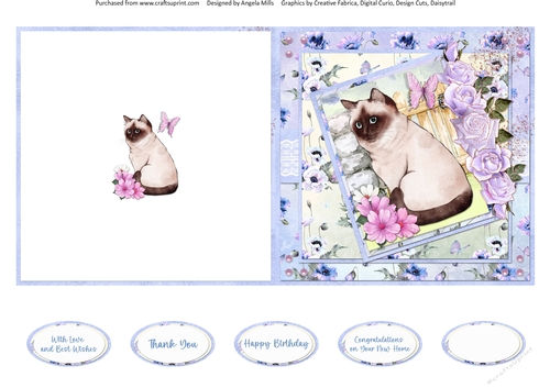 Cats and Dogs 6: Birman 5 x 5 Quick Cut and Fold Card with Sentiments, Lilac