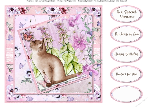 Cats and Dogs 10: Burmese 8 x 8 Quick Card Front with Sentiments, Pink/Lilac