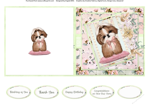 Cats and Dogs 15: Shih Tzu 5 x 5 Cut and Fold Card with Sentiments, Peach/Green