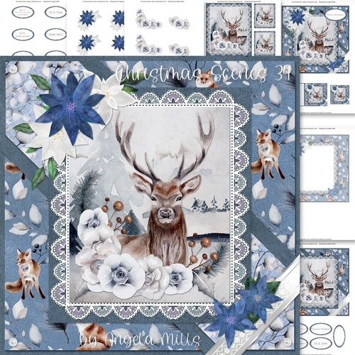 Christmas Scenes 34: Floral Stag/Snow 7 x 7 Card Mini Kit, 8 Sheets, Blue/White