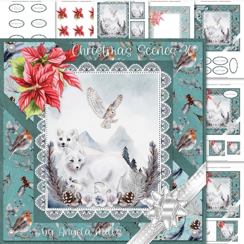 Christmas Scenes 36: Arctic Foxes/Snowy Owl 7 x 7 Card Mini Kit, 7 Sheets, Teal/White