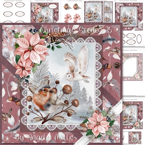 Christmas Scenes 35: Robin/Snowy Owl 7 x 7 Card Mini Kit, 7 Sheets, Antique Rose/White