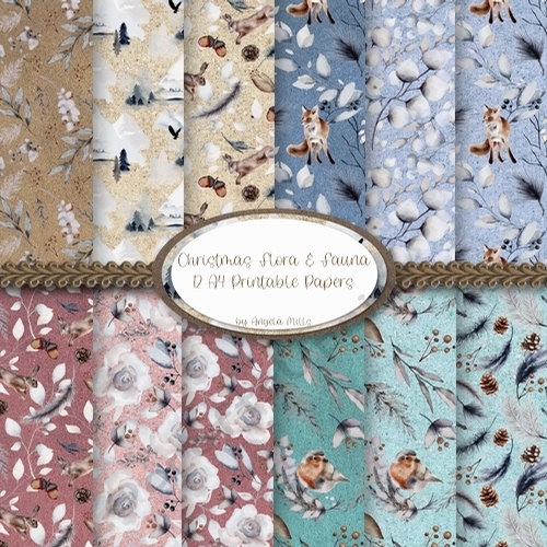 Christmas Flora and Fauna Paper Pack 12 A4 Printable Papers