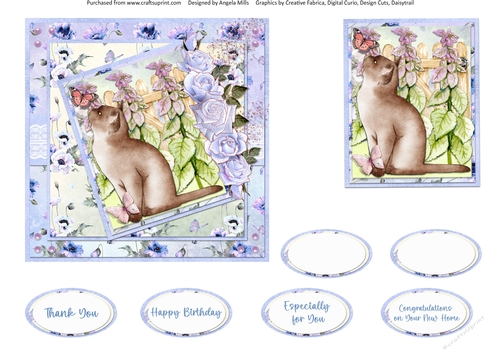 Cats and Dogs 8: Burmese 6 x 6 Card Front with Topper and Sentiments, Lilac/Green