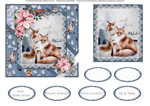 Christmas Scenes 37: Red Foxes/Poinsettias 6 x 6 Card Front with Topper and Sentiments, Blue/Pink/White