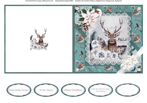 Christmas Scenes 41: Floral Stag/Poinsettias 5 x 5 Quick Cut & Fold Card with Sentiments