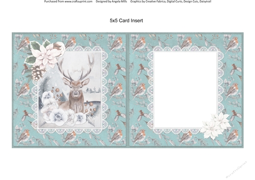 Christmas Scenes 41: Floral Stag/Poinsettias 5 x 5 Card Insert with Robin/Teal Background, Blank