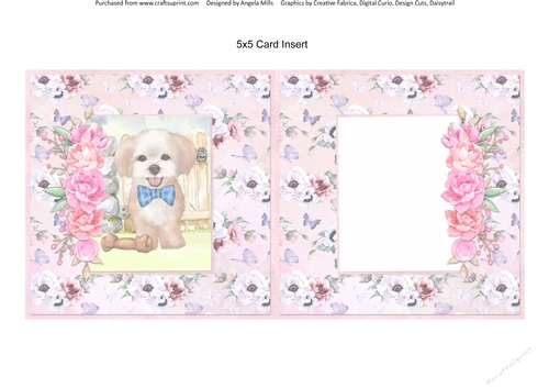 Cats and Dogs 12: Maltese 5 x 5 Card Insert with Pink & White Poppies Background, Blank