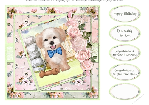 Cats and Dogs 13: Maltese 8 x 8 Quick Card Front with Sentiments, Floral Peach/Green