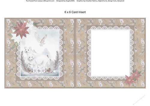 Christmas Scenes 46: Arctic Foxes/Poinsettias 6 x 6 Card Insert with Winter Greenery/Kraft Background, Blank