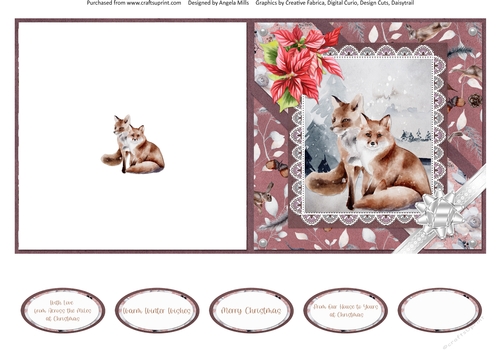 Christmas Scenes 38: Red Foxes & Poinsettias 5 x 5 Quick Cut & Fold Card With Sentiments, Antique Rose/White