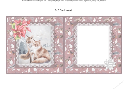 Christmas Scenes 38: Red Foxes & Poinsettias 5 x 5 Card Insert with  Antique Rose/White Winter Greenery Background, Blank