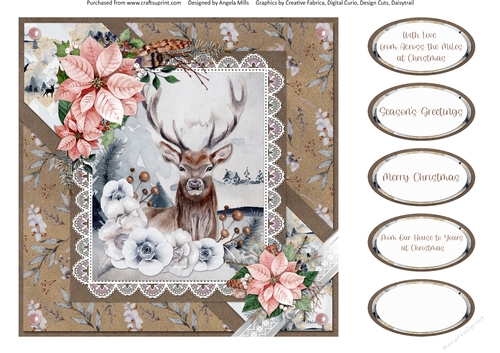 Christmas Scenes 42: Floral Stag 8 x 8 Quick Card Front with Sentiments, Kraft/Blush Pink