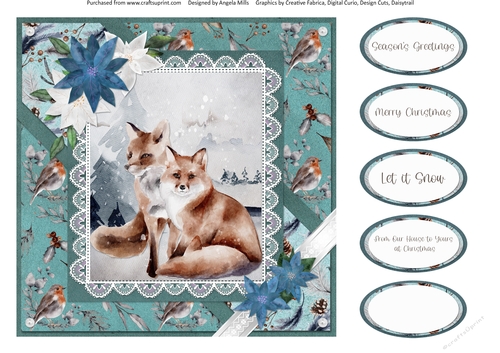 Christmas Scenes 39: Red Foxes in Snow 8 x 8 Quick Card Front with Sentiments, Teal/White