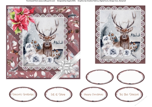 Christmas Scenes 40: Floral Stag 6 x 6 Card Front with Topper and Sentiments