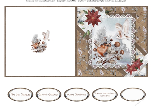 Christmas Scenes 44: Robin/Snowy Owl 5 x 5 Quick Cut & Fold Card with Sentiments