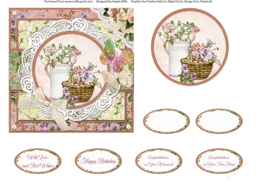 Country Garden 5: Floral Basket/Watering Can 6 x 6 Card Front with Topper and Sentiments