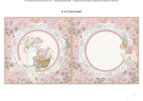 Country Garden 5: Floral Basket/Watering Can 6 x 6 Card Insert with Peach/Lilac Floral Background, Blank