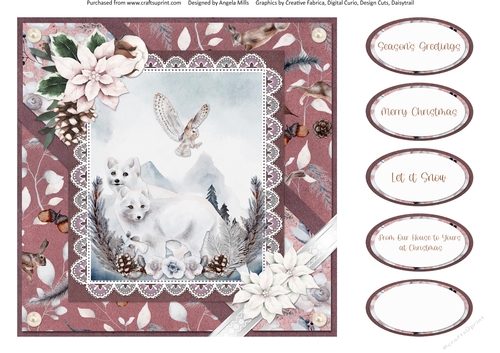 Christmas Scenes 48: Arctic Foxes/White Poinsettias 8 x 8 Card Front with Sentiments