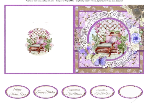 Country Garden 9: Garden Seat/Trellis 5 x 5 Quick Cut & Fold Card with Sentiments, Kraft/Lilac
