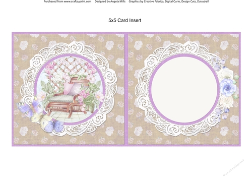 Country Garden 9: Garden Seat/Trellis 5 x 5 Card Insert with Floral Background, Kraft/Lilac