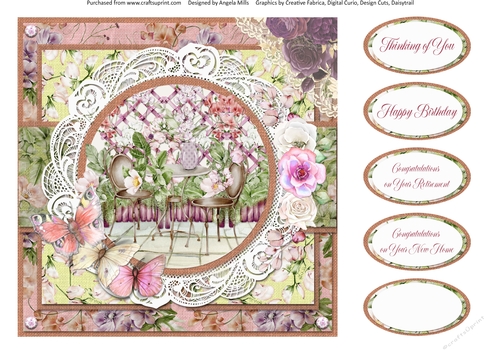 Country Garden 13: Garden Patio/Floral Trellis 8 x 8 Quick Card Front with Sentiments
