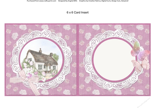 Country Garden 14: Country Cottage 6 x 6 Card Insert with Pink/White Floral Background, Blank
