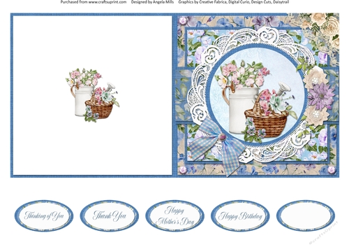 Country Garden 6: Floral Basket/Watering Can 5 x 5 Quick Cut & Fold Card with Sentiments
