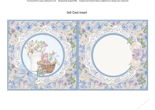 Country Garden 6: Floral Basket/Watering Can 5 x 5 Card Insert with Blue/Lilac/Ivory Floral Background, Blank