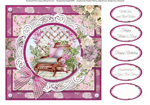 Country Garden 10: Garden Seat/Trellis 8 x 8 Card Front with Sentiments, Pink/Ivory