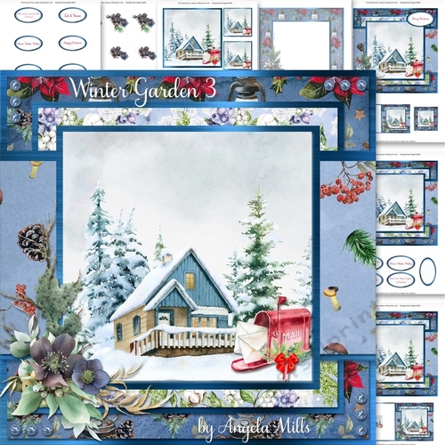Winter Garden 3: Red Mailbox/Blue Cottage 7 x 7 Card Mini Kit , 7 Sheets, Blue/Red