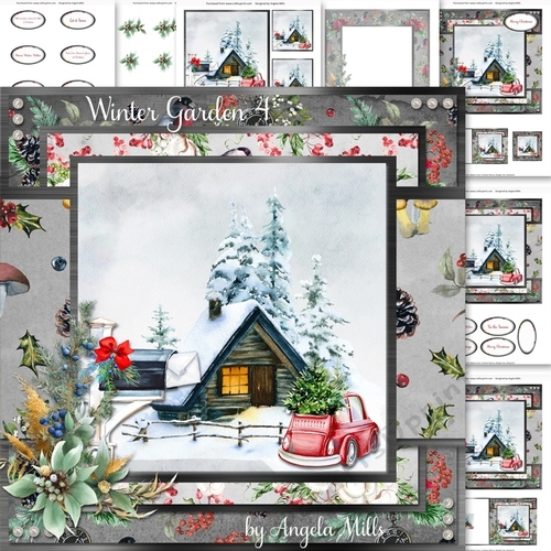 Winter Garden 4: Red Car/Wooden Chalet Cottage 7 x 7 Card Mini Kit , 7 Sheets, Grey/Red/Green
