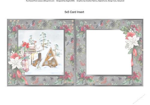 Winter Garden 9: Christmas Mail/Lantern 5 x 5 Card Insert with Grey/Red Bullfinch & Poinsettia Background, Blank