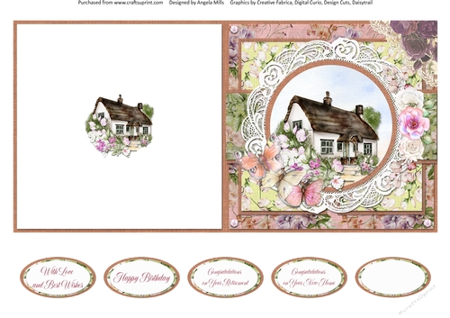 Country Garden 15: Country Cottage 5 x 5 Quick Cut & Fold Card with Sentiments, Peach/Green